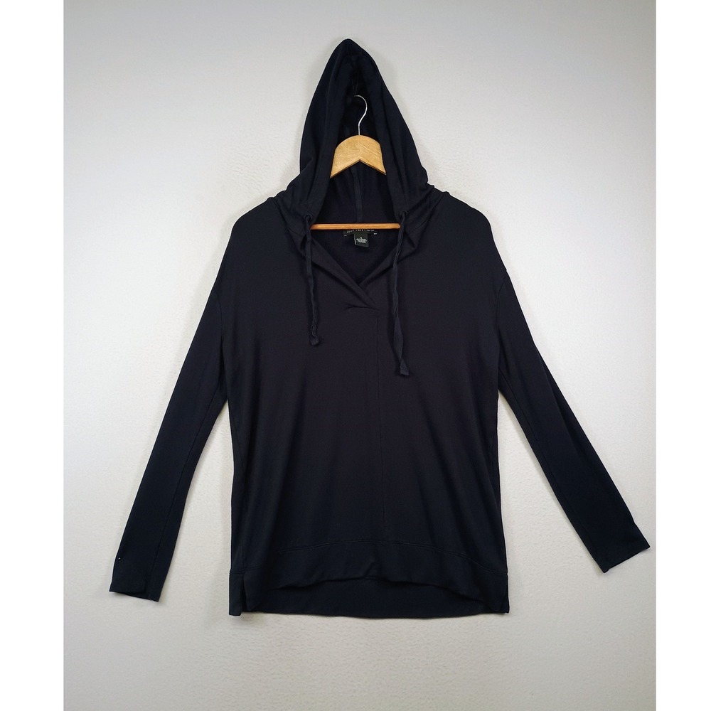 Athleisure Joan Vass Womens Size S Black V-Neck Drawstring Pullover Hoodie